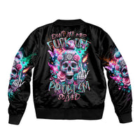 Black unisex bomber jacket with back skull-and-rose graphic, ribbed collar and cuffs
