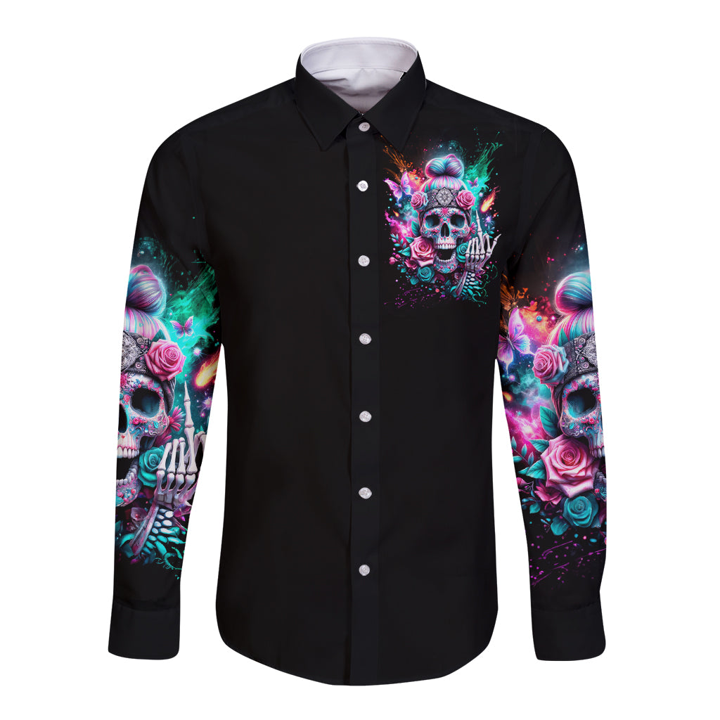 Black long-sleeve button shirt with neon skull rose front panel