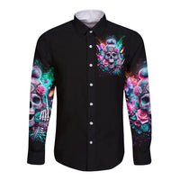 Black long-sleeve button shirt with neon skull rose front panel