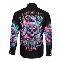 Black long-sleeve button shirt with rose skull graphic on back