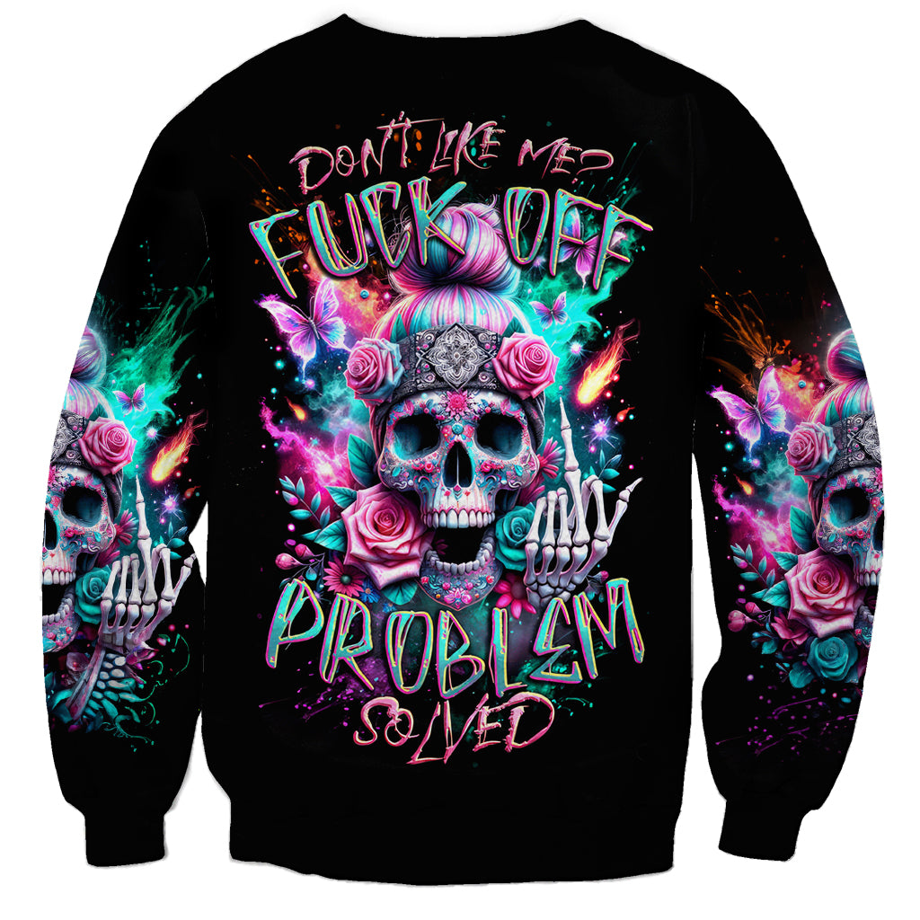 Unisex black sweatshirt with colorful rose skull graphic and neon text on front