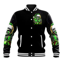 Black unisex baseball jacket with green skull holiday graphic, striped rib collar and cuffs