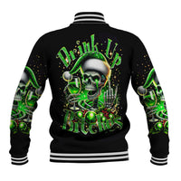 Back view black unisex baseball jacket with large green skull drink-up graphic, striped trim