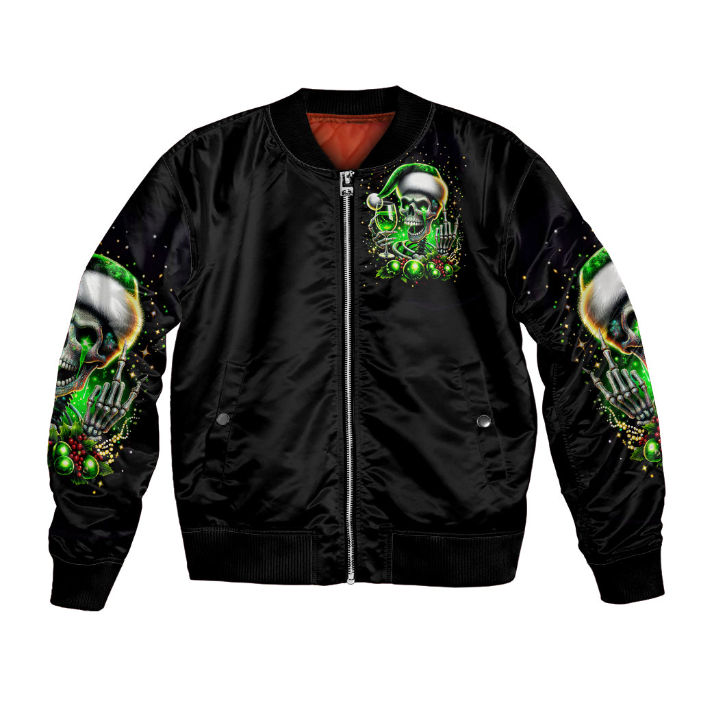 Black unisex bomber jacket with green skull front graphic and ribbed collar cuffs