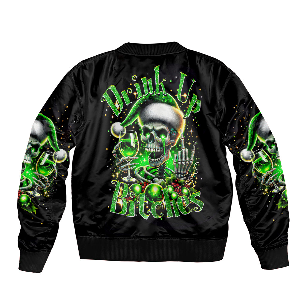 Black unisex bomber jacket with large green skull and text graphic on back, ribbed hem