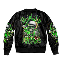 Black unisex bomber jacket with large green skull and text graphic on back, ribbed hem