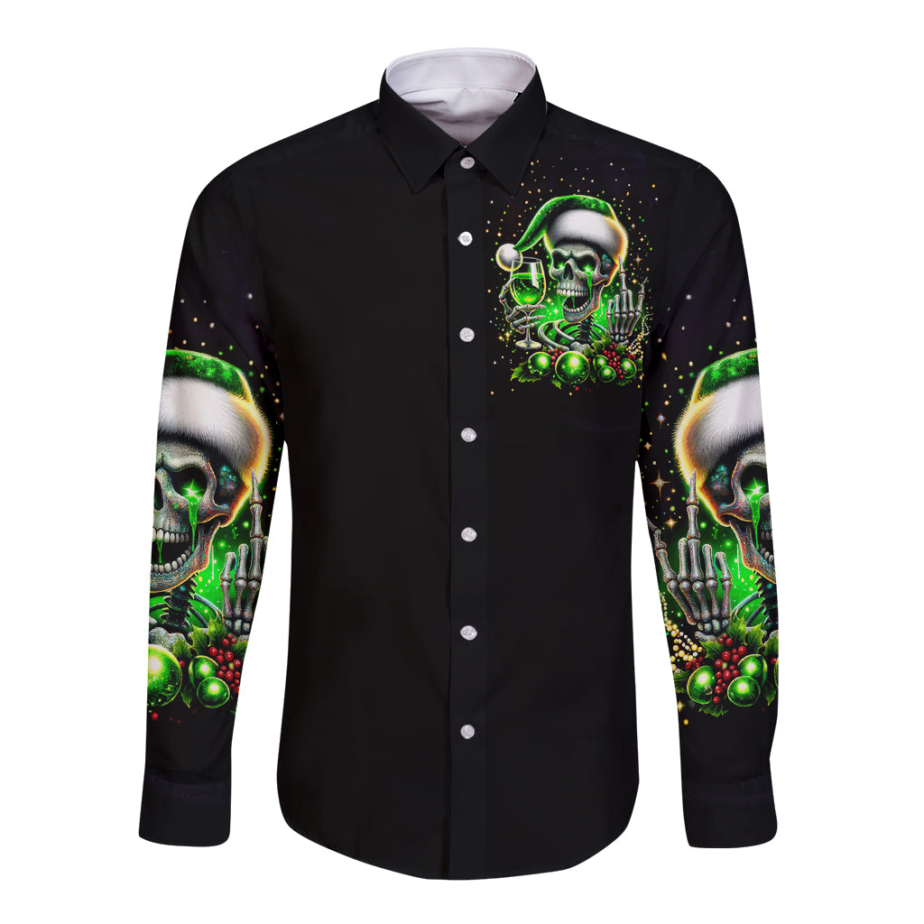 Black long-sleeve button shirt with front green skull graphic