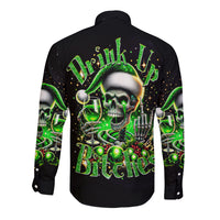 Black long-sleeve button shirt with back green skull and text graphic