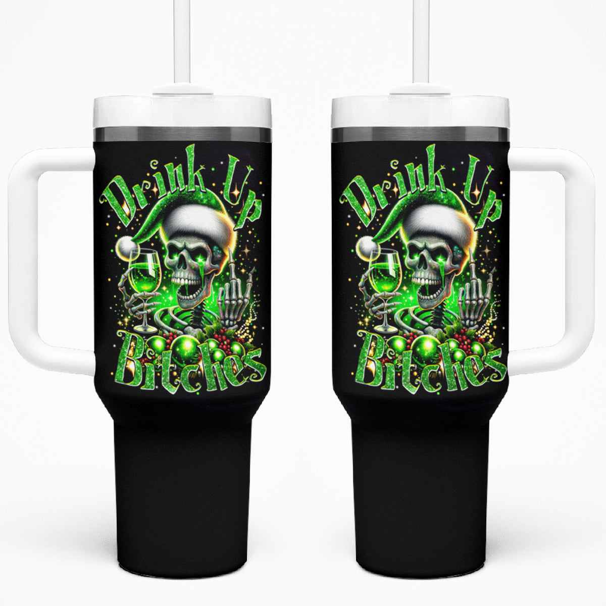 Christmas Skull Tumbler With Handle Drink Up Bitches