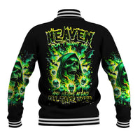 Black unisex varsity jacket with neon green skull flames on back, striped rib trim