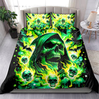 Neon green skull flame bedding set with large flaming skull center; duvet cover and 2 pillowcases