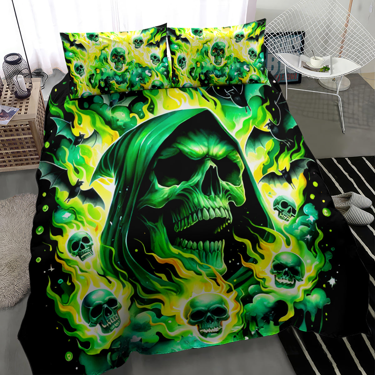 Tight view of neon green skull flame bedding set with flaming skull face; duvet cover and 2 pillowcases