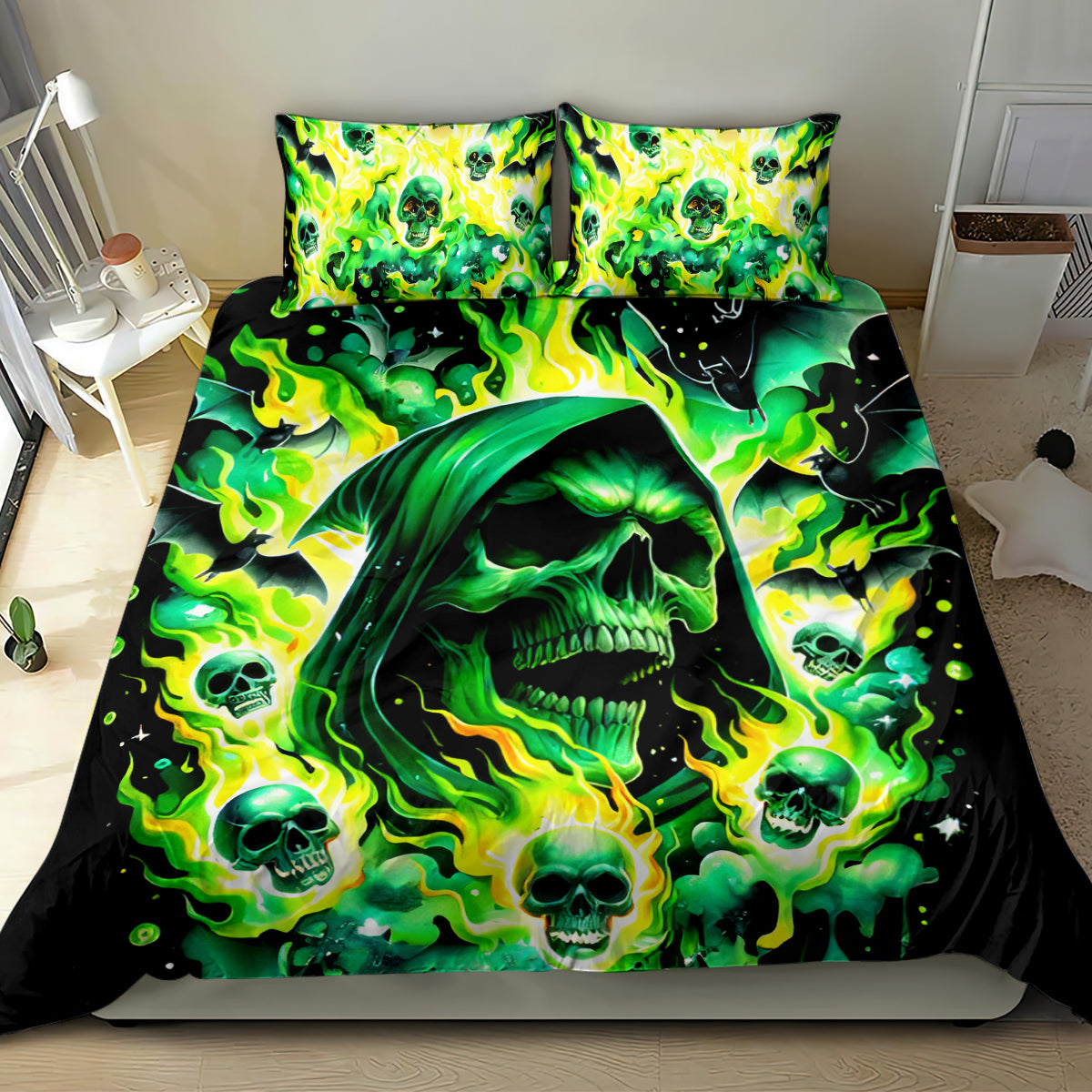 Neon green skull flame bedding set with flaming skull graphic; duvet cover and 2 pillowcases
