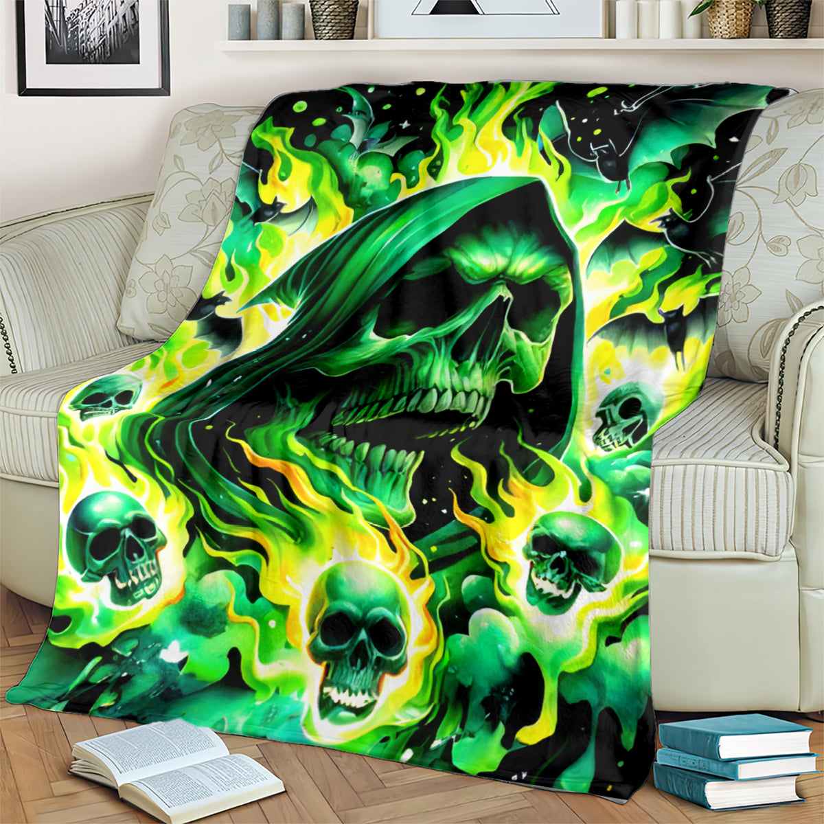 Green flame skull blanket covering sofa cushion, skull faces with glowing fire accents