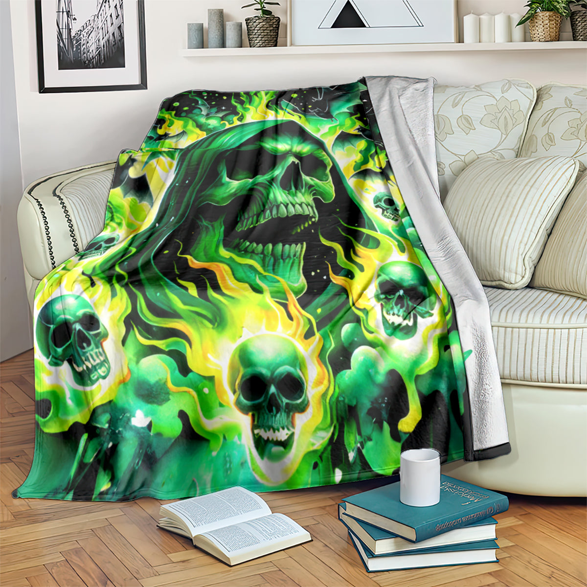Green flame skull blanket with black hooded skull design, surrounded by skulls and fire