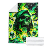 Green flame skull blanket set, showing hooded skull center with bright neon flames