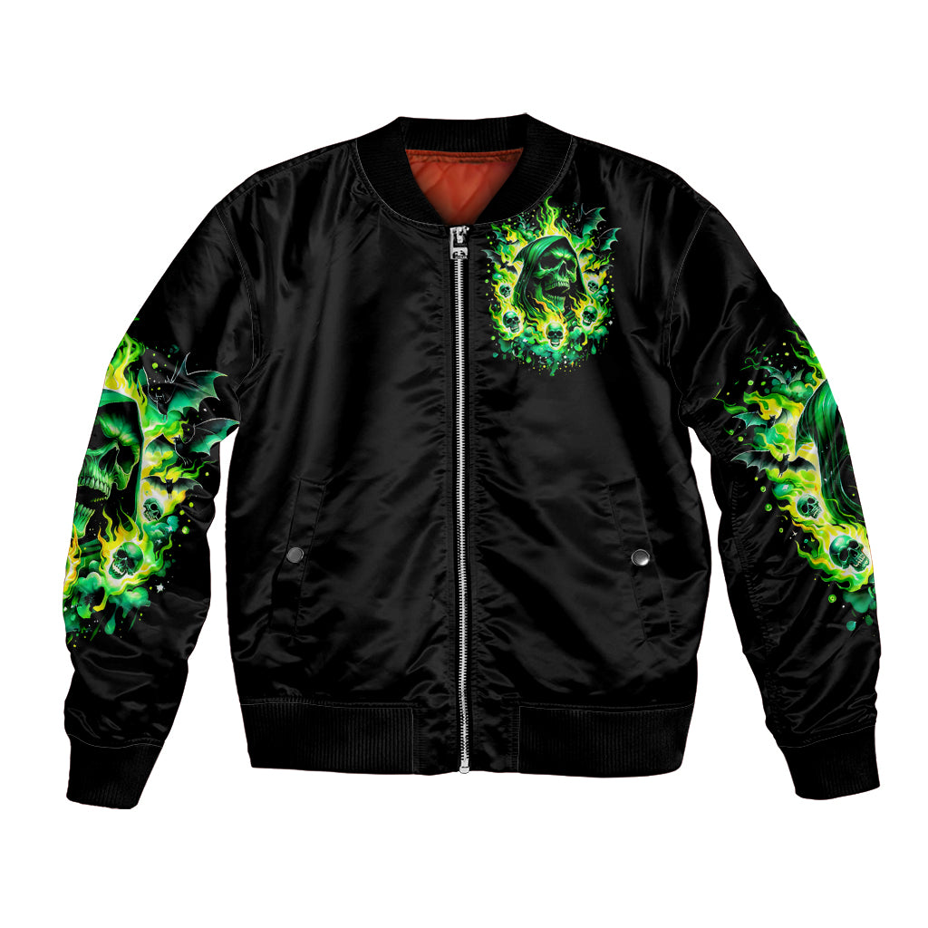 Black unisex bomber jacket, front zip, green flame skull chest graphic, ribbed hem