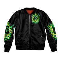 Black unisex bomber jacket, front zip, green flame skull chest graphic, ribbed hem