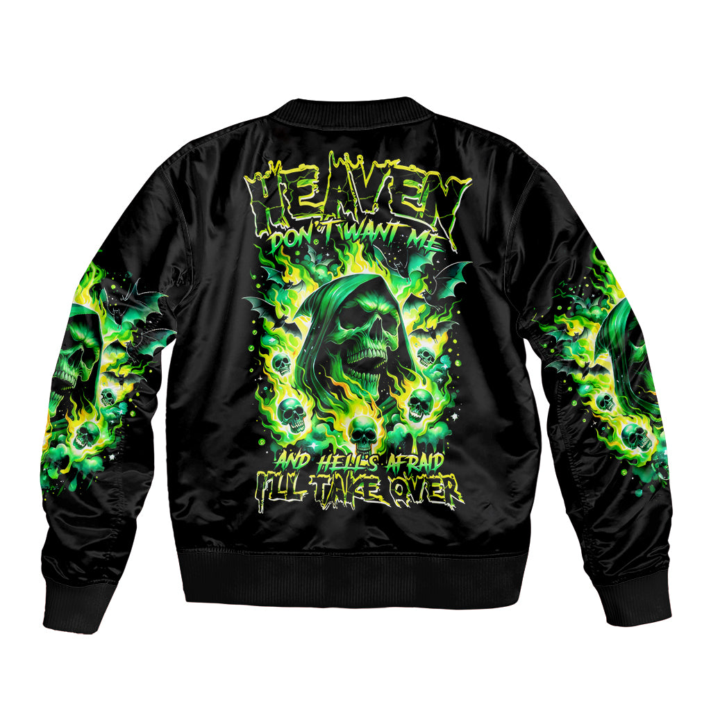Black unisex bomber jacket, back green flame skull graphic, ribbed collar and cuffs