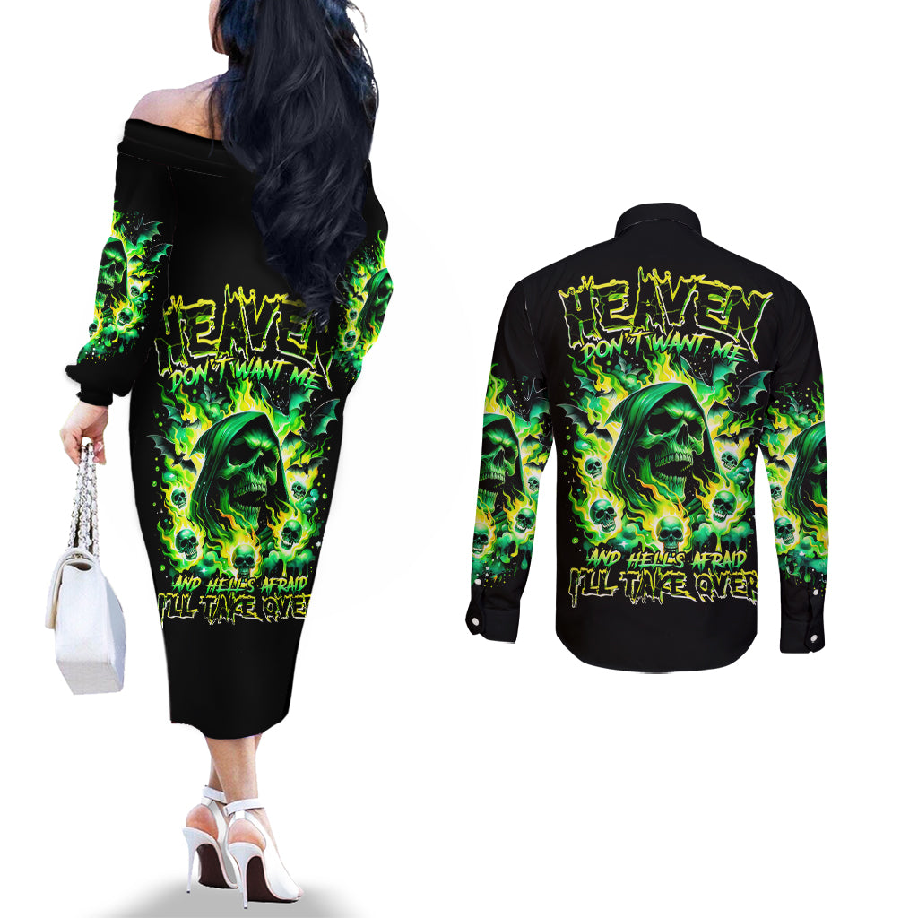 Flame Skull Couples Matching Off The Shoulder Long Sleeve Dress and Long Sleeve Button Shirt Heaven Don't Want Me Hell Afraid I Take Over DT01