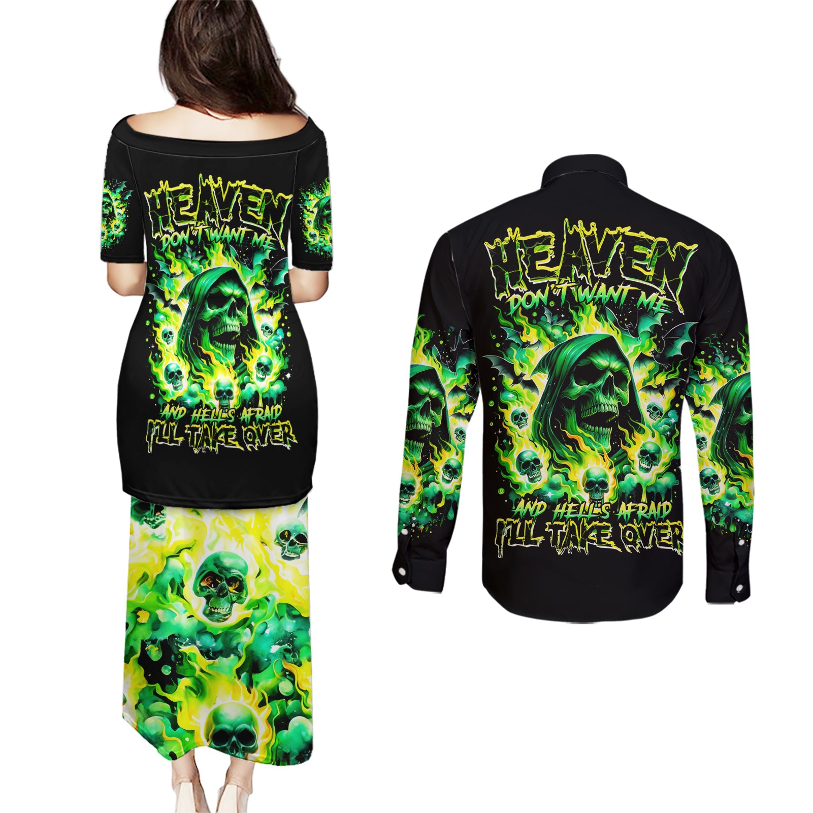 Flame Skull Couples Matching Puletasi Dress and Long Sleeve Button Shirt Heaven Don't Want Me Hell Afraid I Take Over - Wonder Print Shop