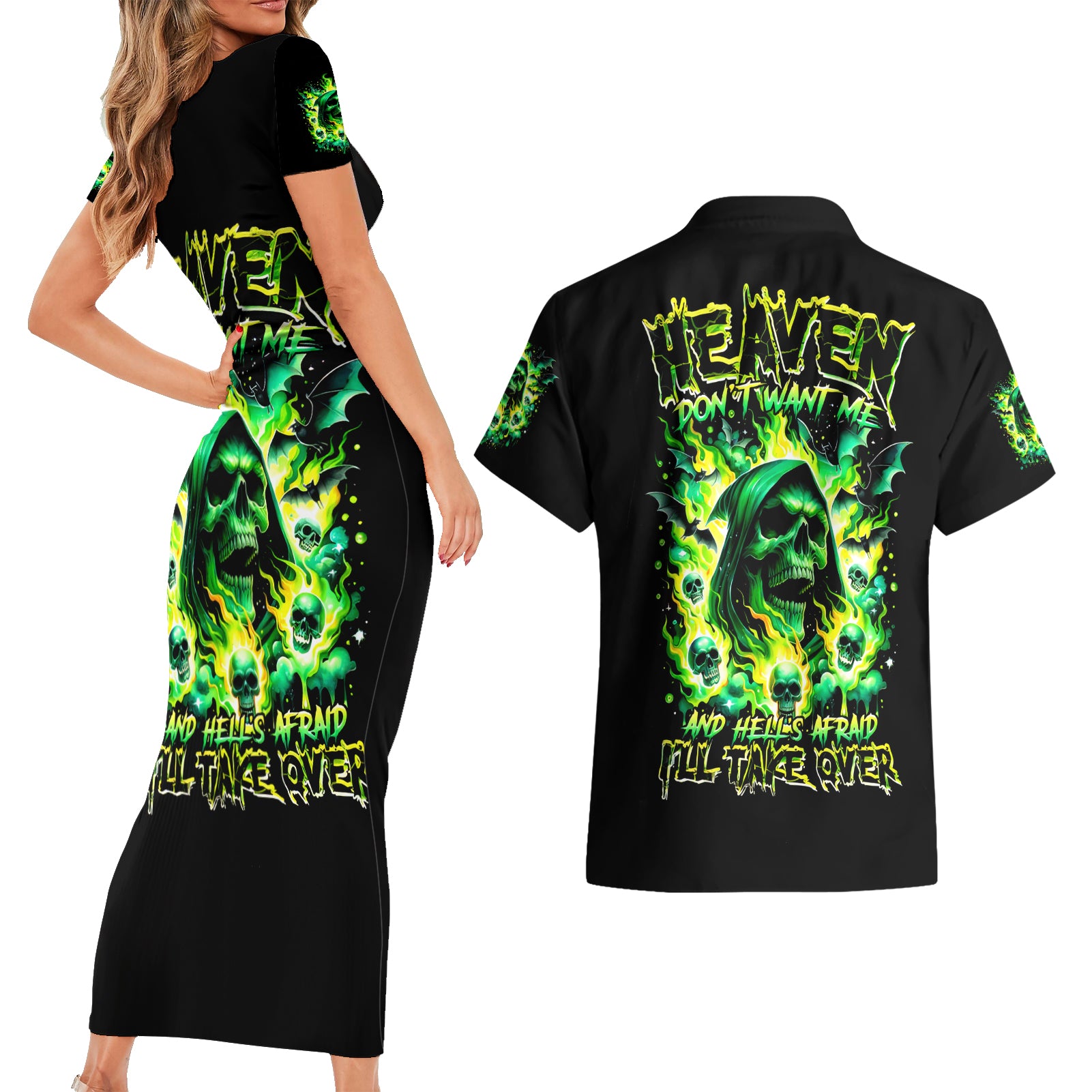 Flame Skull Couples Matching Short Sleeve Bodycon Dress and Hawaiian Shirt Heaven Don't Want Me Hell Afraid I Take Over - Wonder Print Shop