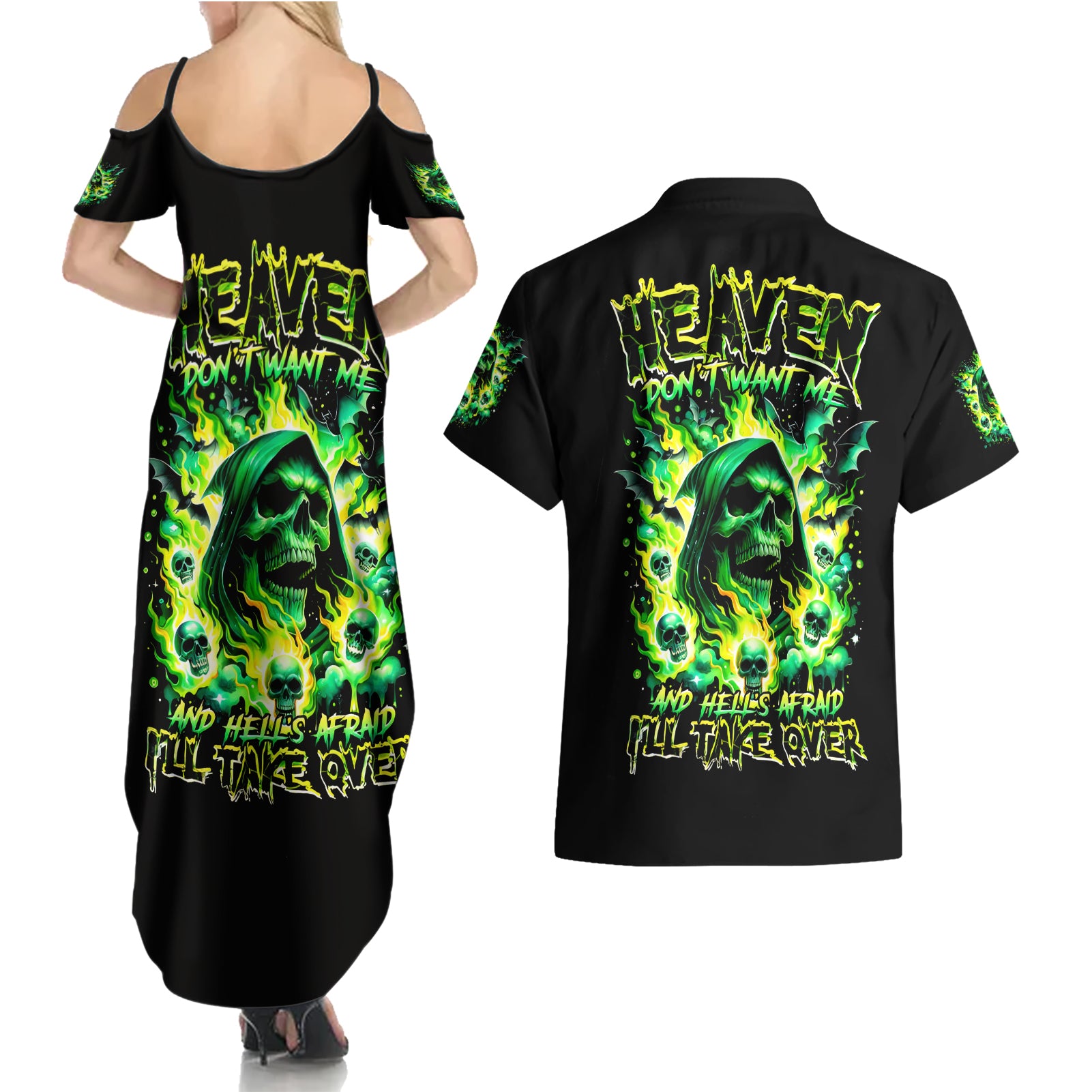 Flame Skull Couples Matching Summer Maxi Dress and Hawaiian Shirt Heaven Don't Want Me Hell Afraid I Take Over - Wonder Print Shop