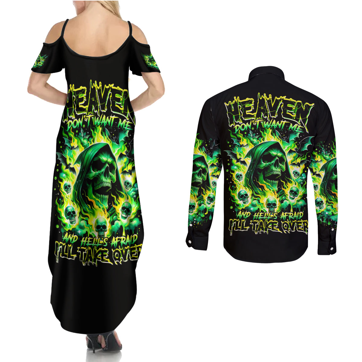 Flame Skull Couples Matching Summer Maxi Dress and Long Sleeve Button Shirt Heaven Don't Want Me Hell Afraid I Take Over - Wonder Print Shop