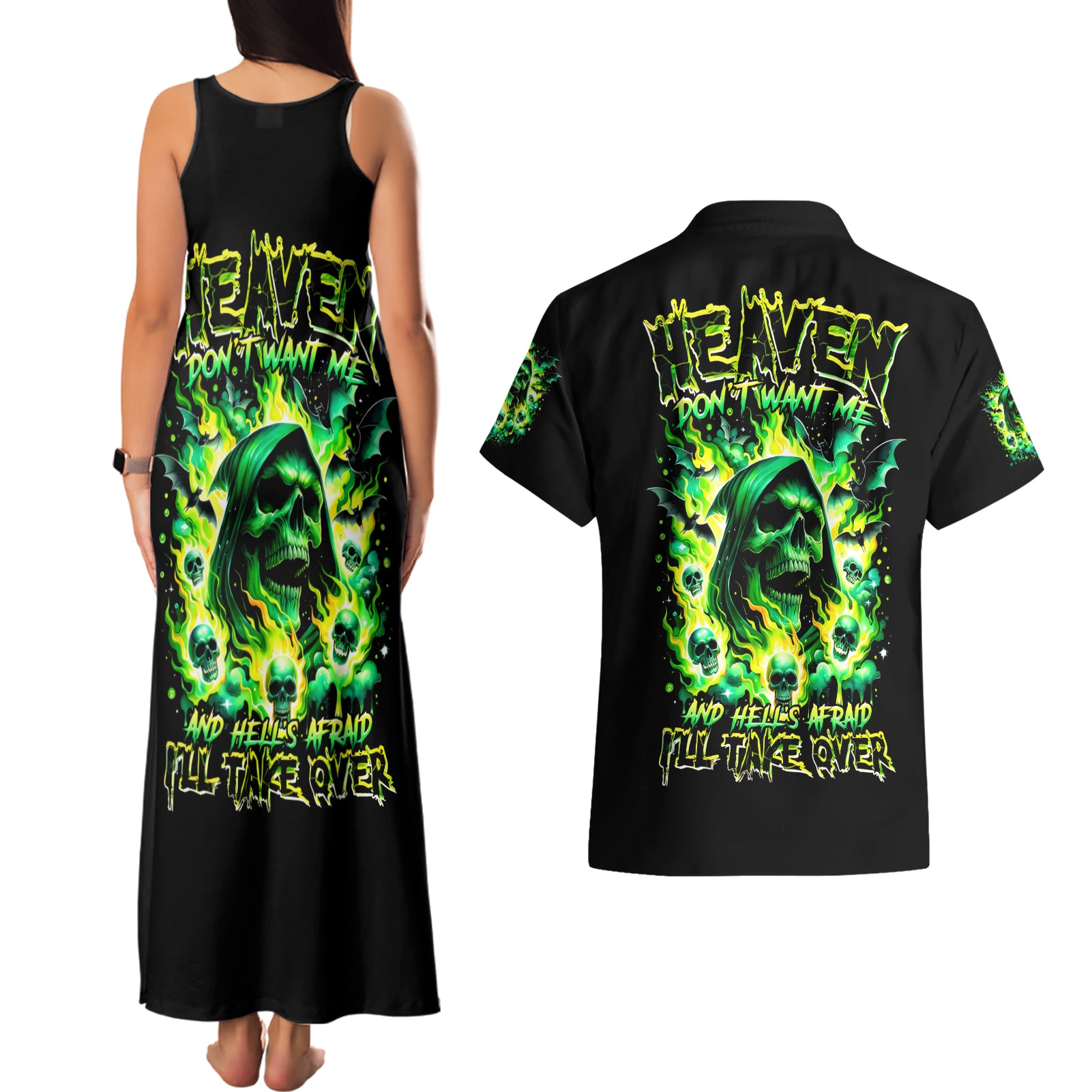 Flame Skull Couples Matching Tank Maxi Dress and Hawaiian Shirt Heaven Don't Want Me Hell Afraid I Take Over - Wonder Print Shop