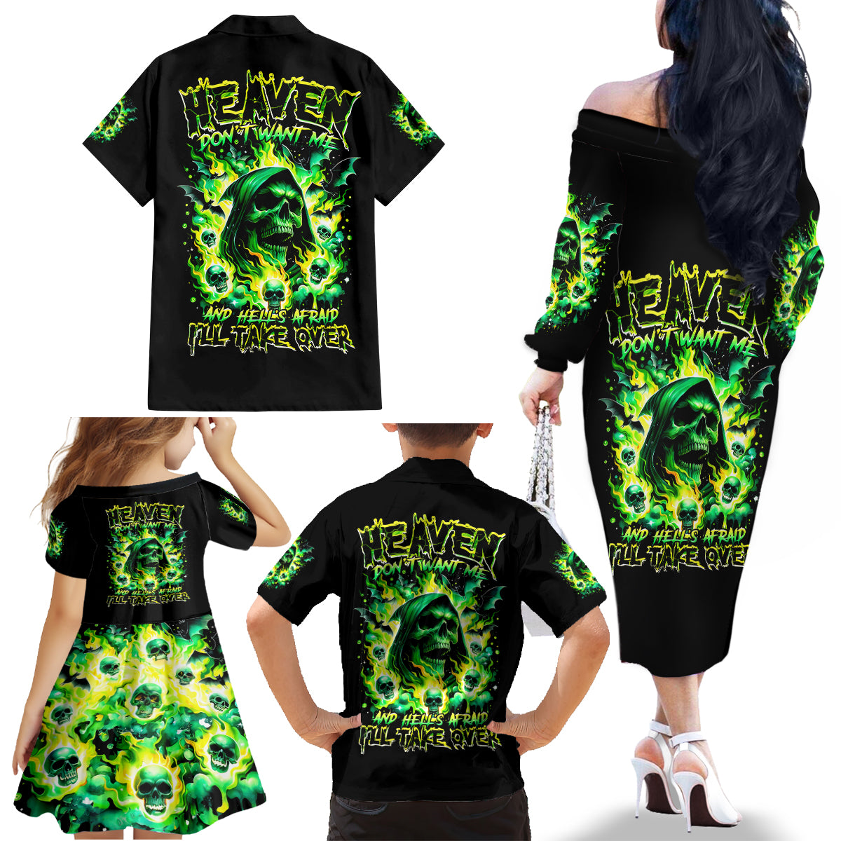 Flame Skull Family Matching Off Shoulder Long Sleeve Dress and Hawaiian Shirt Heaven Don't Want Me Hell Afraid I Take Over - Wonder Print Shop