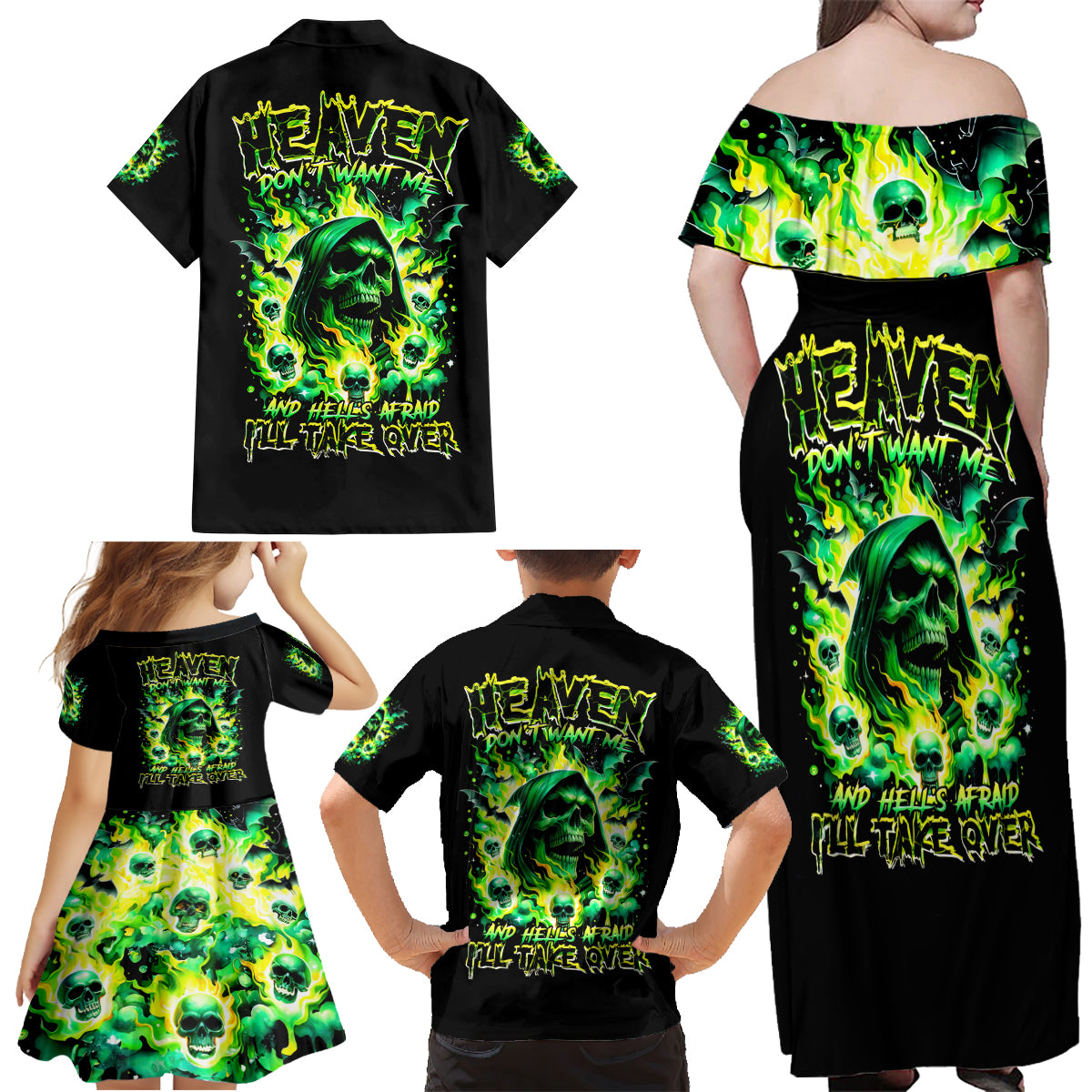 Flame Skull Family Matching Off Shoulder Maxi Dress and Hawaiian Shirt Heaven Don't Want Me Hell Afraid I Take Over - Wonder Print Shop