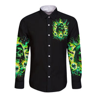 Black long-sleeve button shirt with green flame skull graphic on front chest