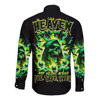 Black long-sleeve button shirt with green flame skull graphic on back
