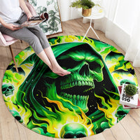 Round skull flame rug with bright green and yellow flames, black skull graphic, circular