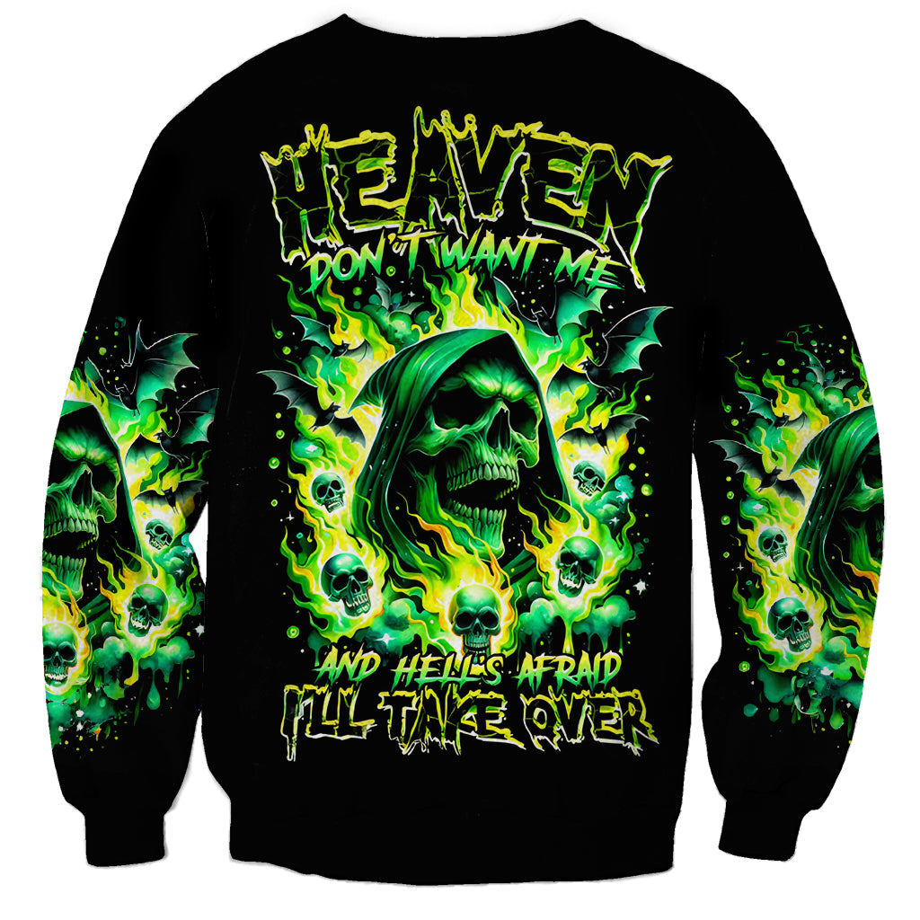 Unisex black sweatshirt with neon green flame skull graphic and text across chest