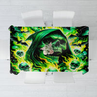 Square tablecloth with green flame skull graphic on black background