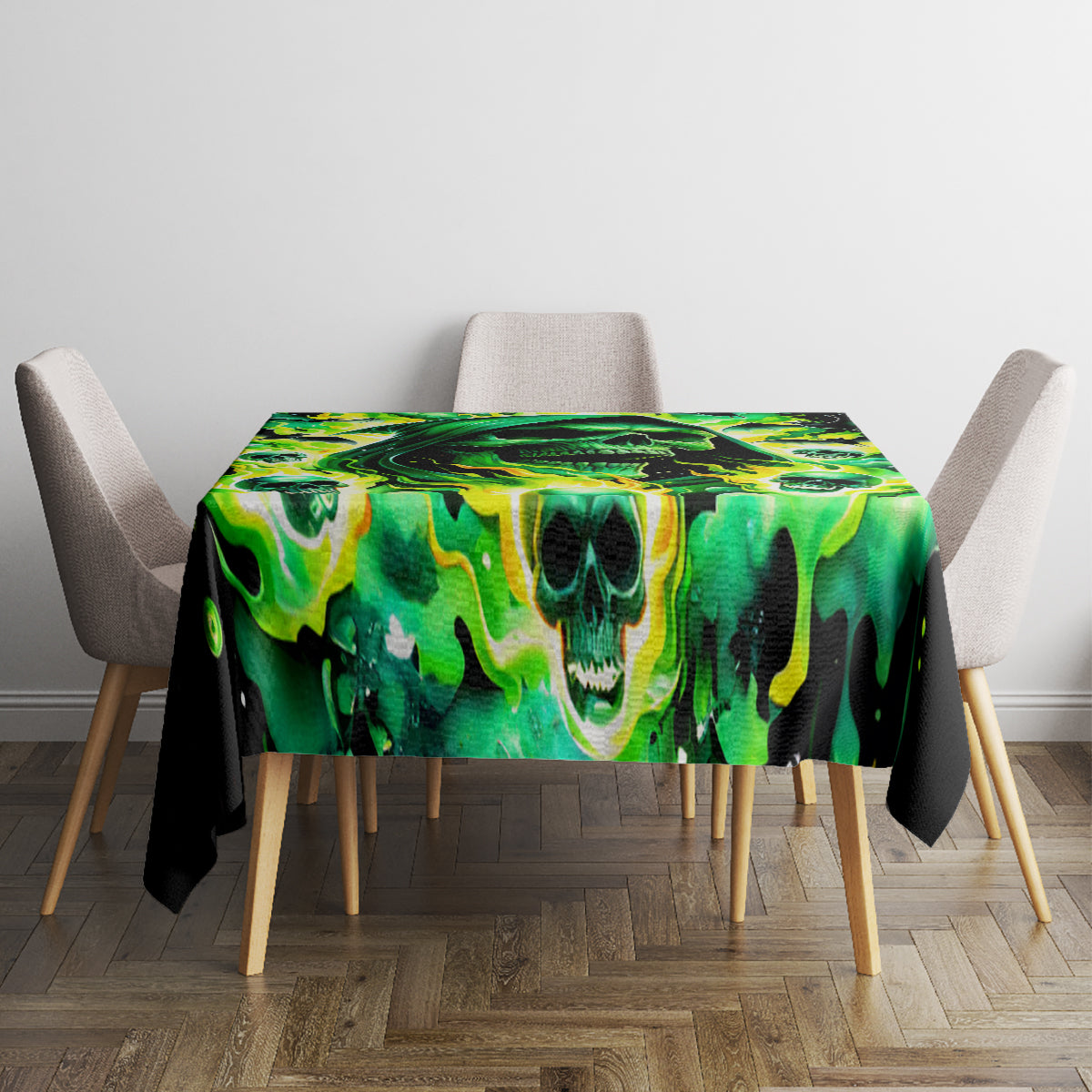 Tablecloth with vivid green skull flame pattern and black border