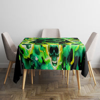 Tablecloth with vivid green skull flame pattern and black border