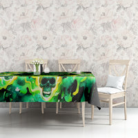Tablecloth on dining table, green skull flame print on black base