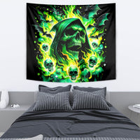 Rectangular black wall tapestry with neon green skull face and flaming crown