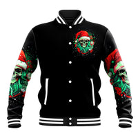 Black baseball jacket with Santa skull graphic, striped collar and ribbed hem