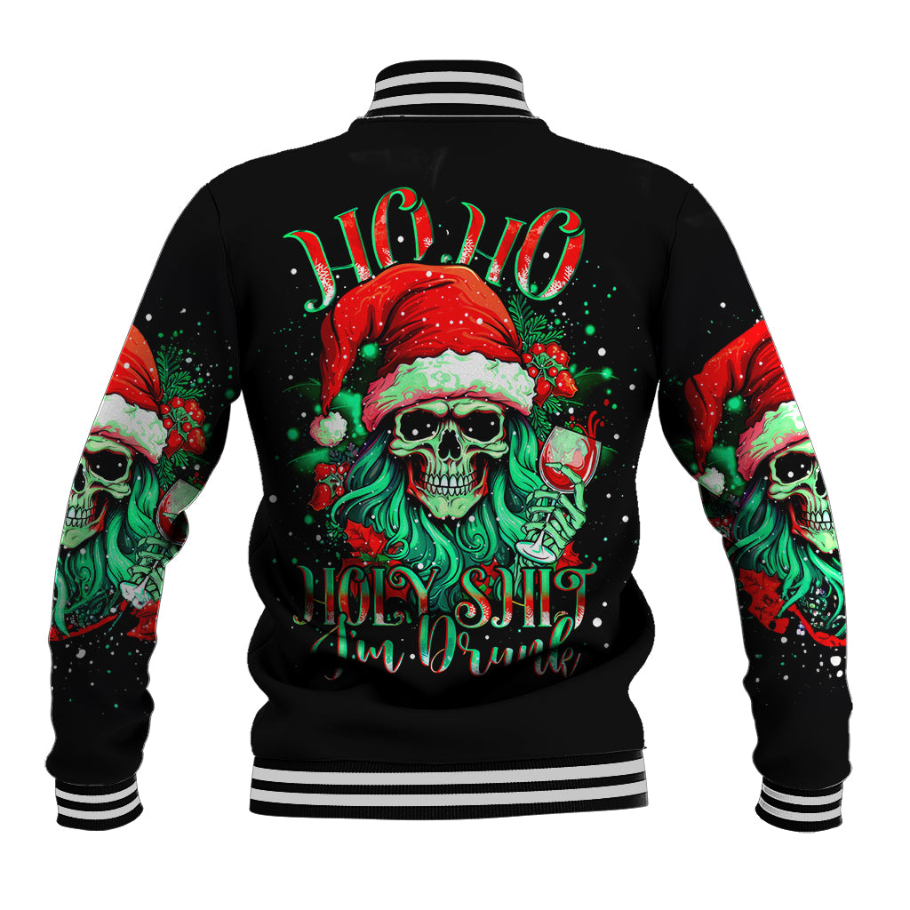 Black baseball jacket back with Santa skull artwork, striped ribbed collar and hem