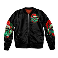 Black unisex bomber jacket with front zipper and green-red skull Santa graphic