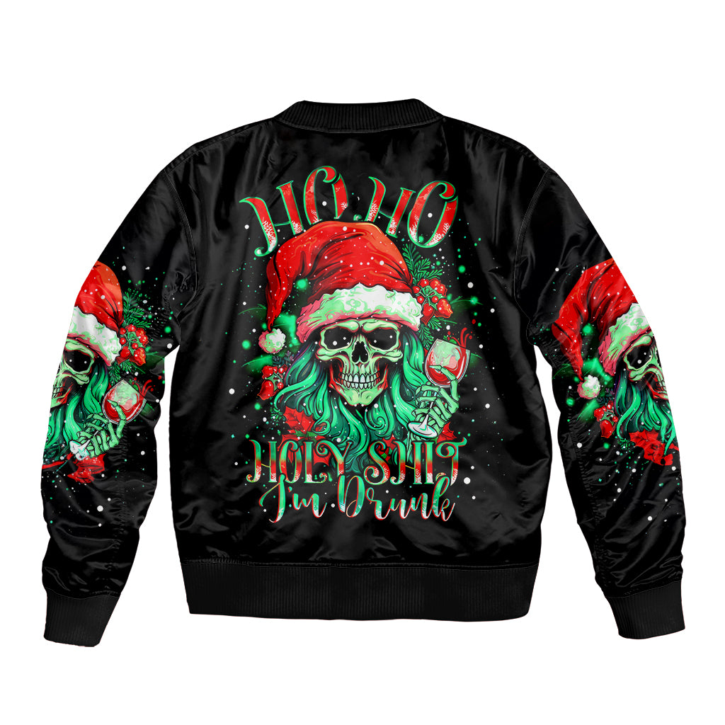 Black unisex bomber jacket with ribbed hem and large back skull Santa graphic