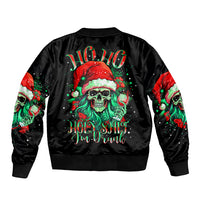 Black unisex bomber jacket with ribbed hem and large back skull Santa graphic