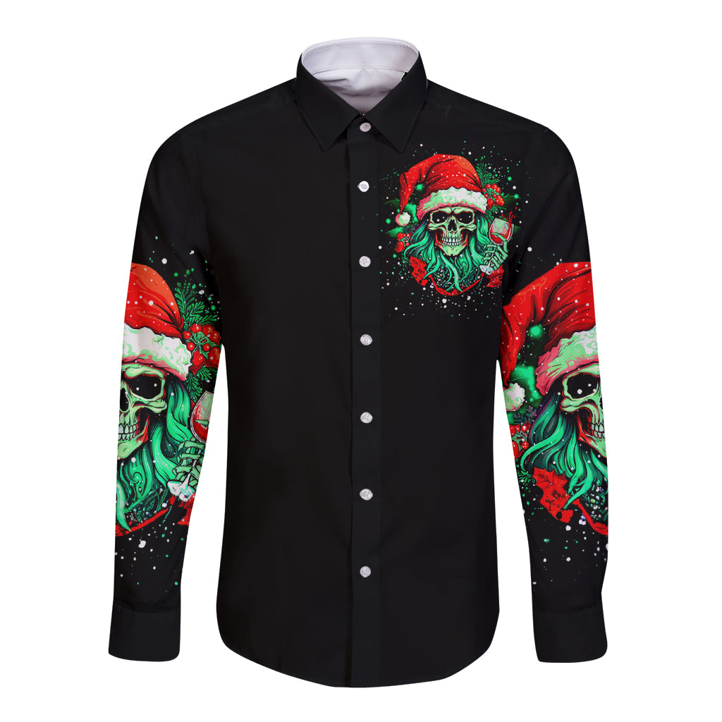 Black button-front long sleeve shirt with colorful Santa skull graphic on front