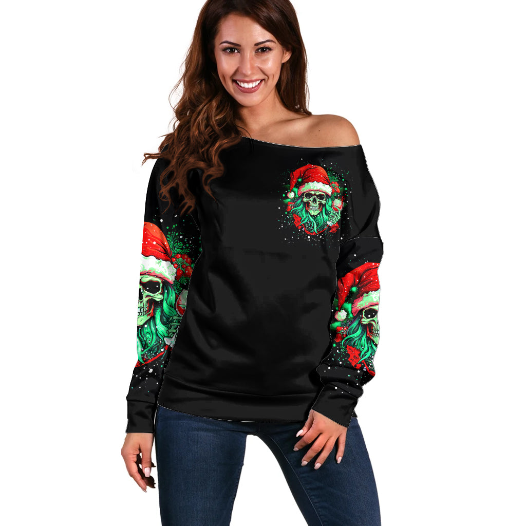 Christmas Skull Off Shoulder Sweater Ho Ho Holy Shit I'm Drink - Wonder Print Shop