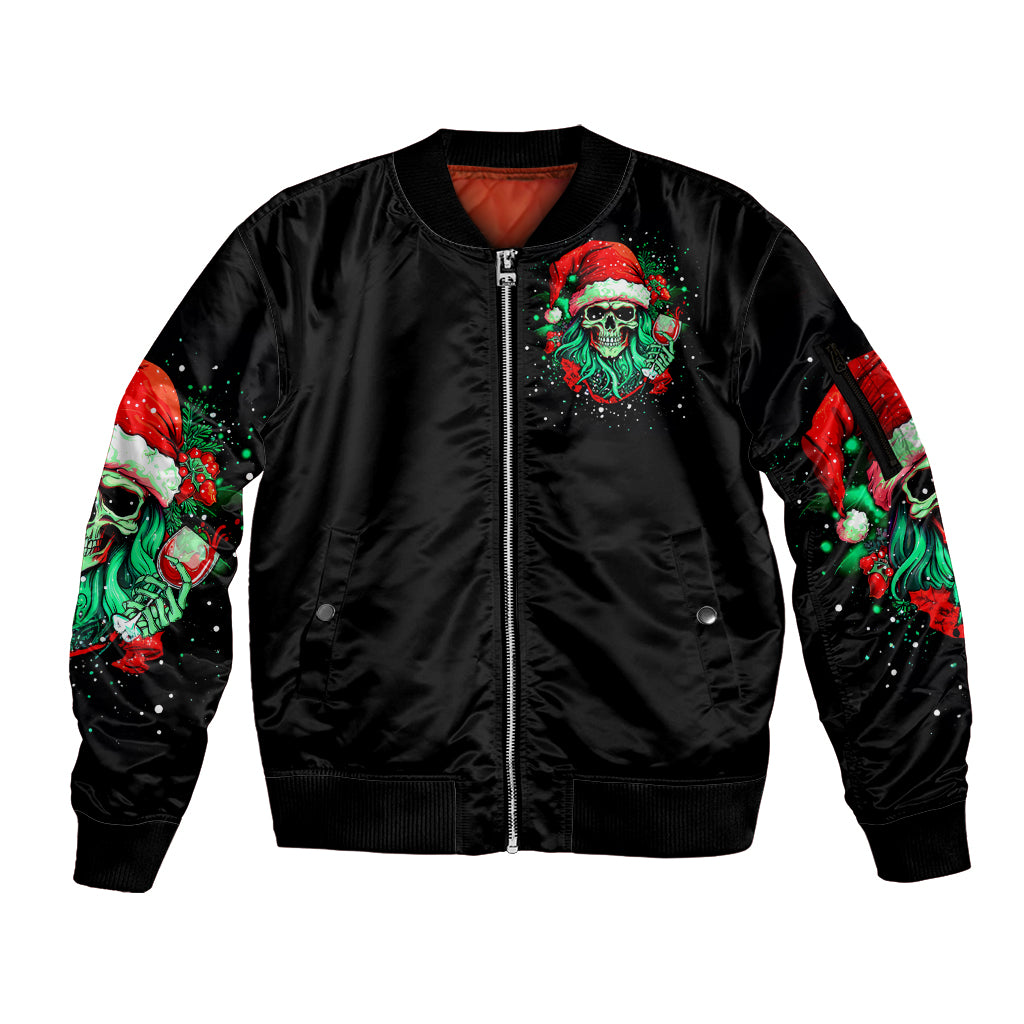 Christmas Skull Sleeve Zip Bomber Jacket Ho Ho Holy Shit I'm Drink - Wonder Print Shop