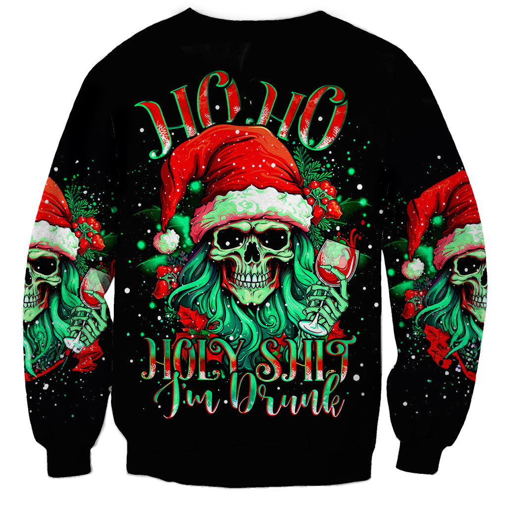 Unisex black crewneck sweatshirt with back skull holiday text graphic and Santa hat