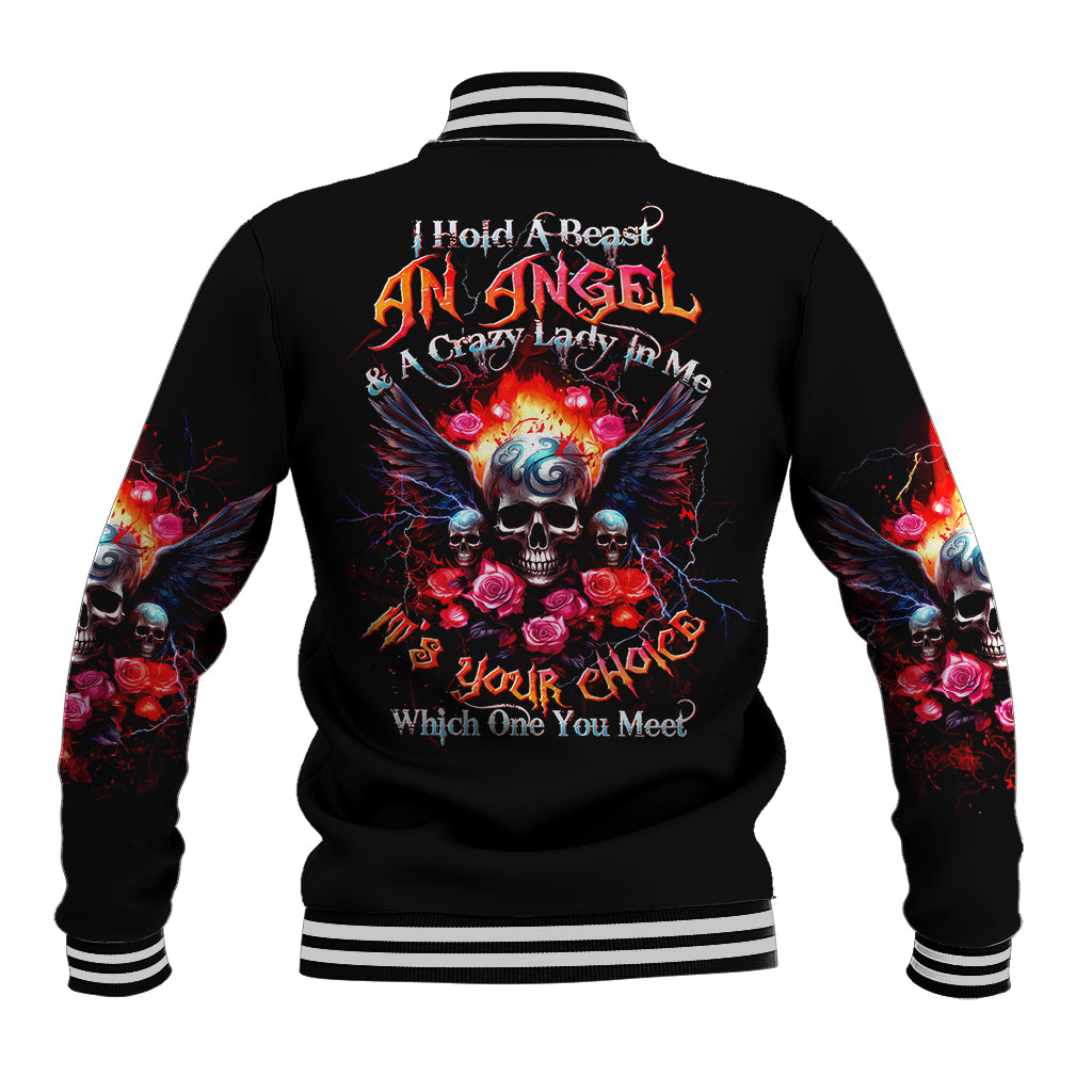 Rose Skull Baseball Jacket I Hold A Beast A Angel And A Crazy Lady In Me - Wonder Print Shop